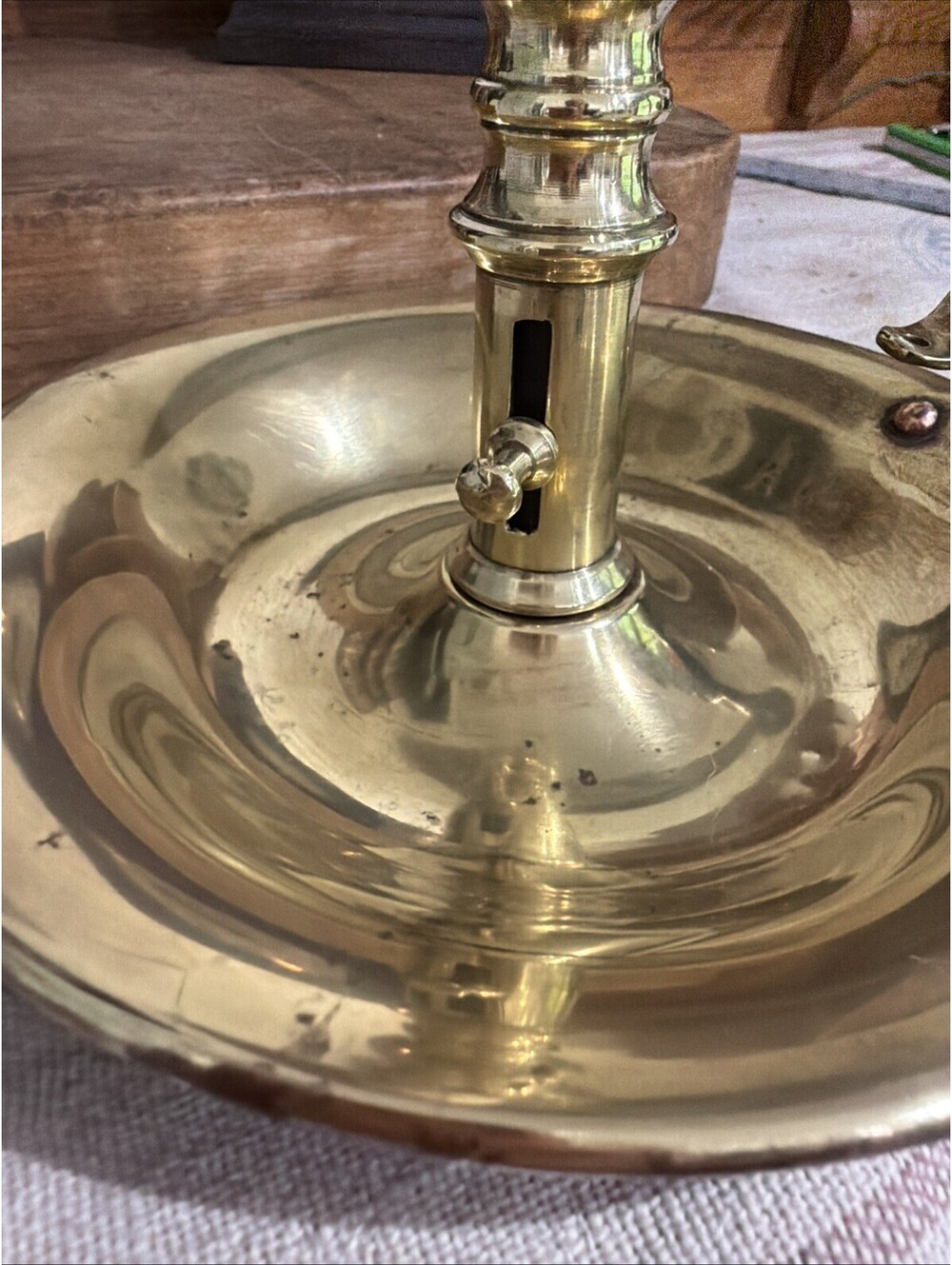 Antique Large Brass Candle Holder Chamberstick Finger Loop Pushup Colonial - Picture 2 of 9